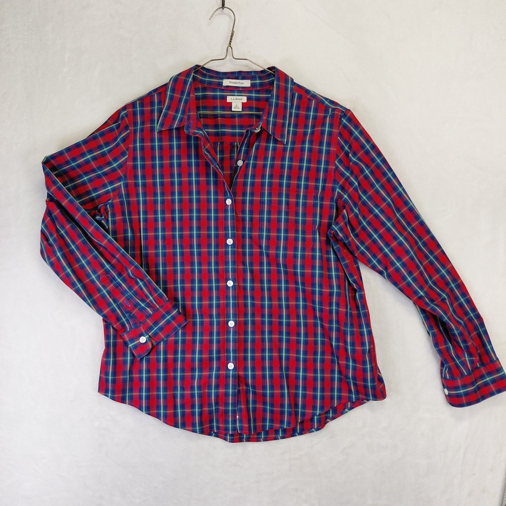 LL Bean Womens Large Petite Red Blue Plaid Wrinkle Free Button Down Shirt